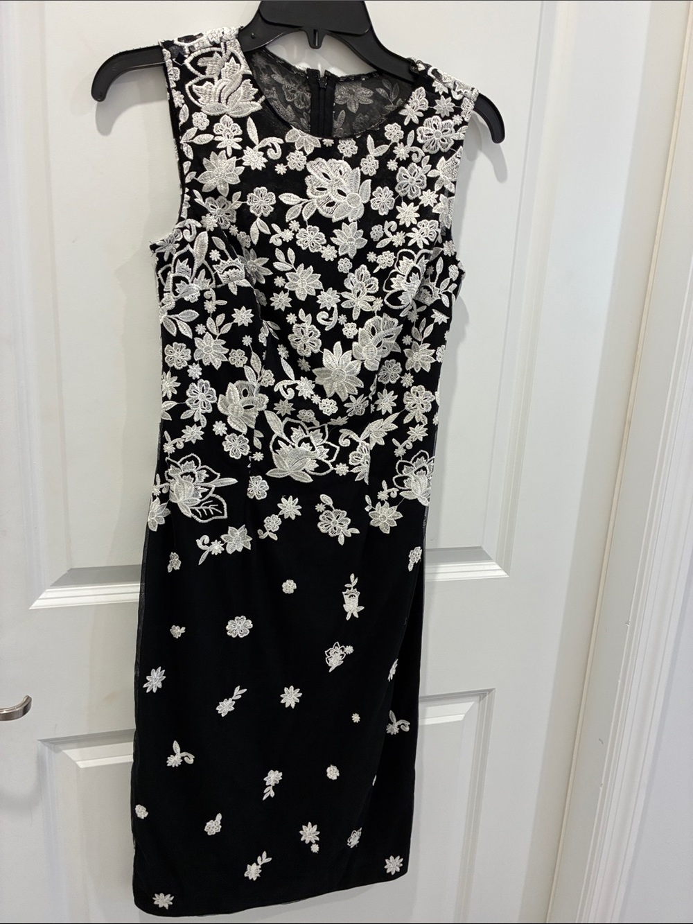 White House Black Market Sleeveless Black Dress with White Floral Embroidery